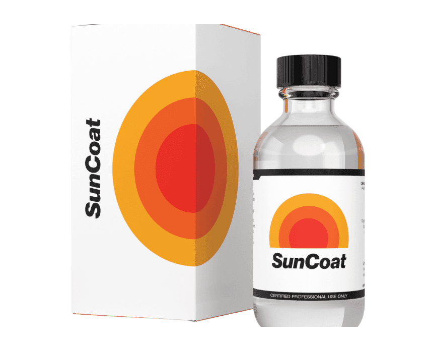 SunCoat bottle and packaging featuring a colorful circular design.