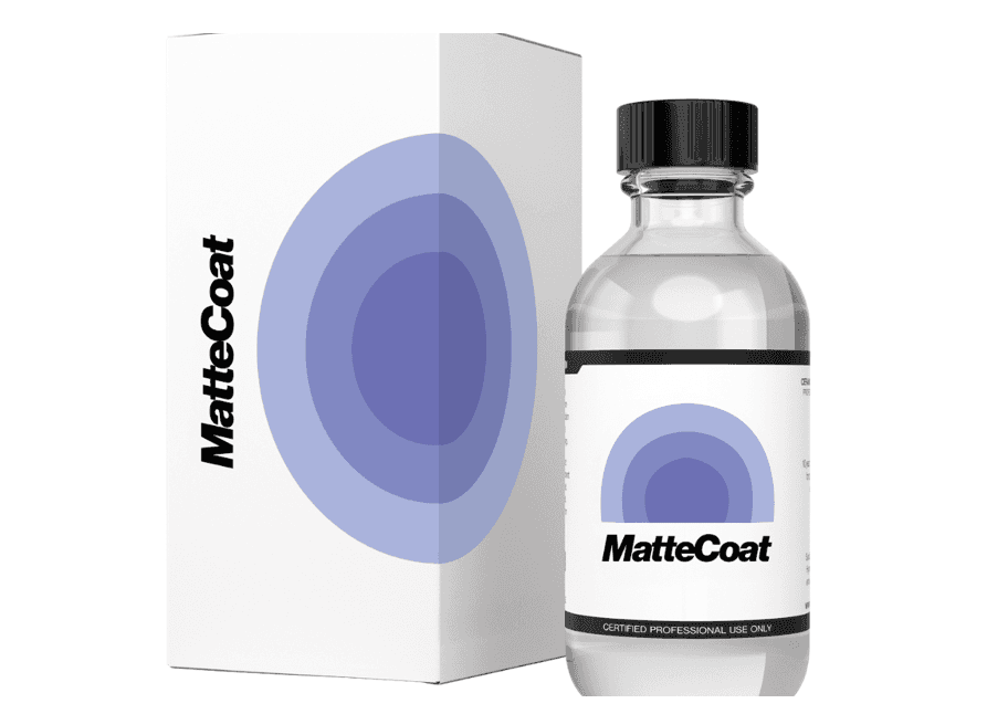 Bottle of MatteCoat solution next to its branded packaging featuring a blue geometric design.