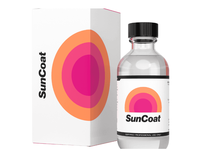 SunCoat bottle and box with concentric circle design in orange and pink.